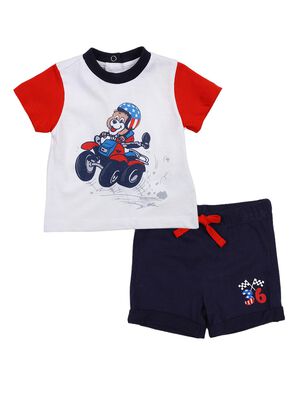 Boys White & Medium Blue Printed T-Shirt with Short Pants